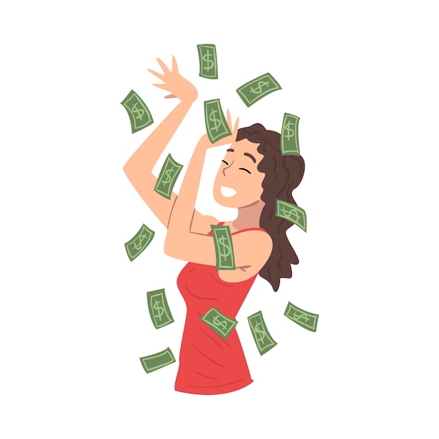 Fille souriante avec des billets d'un dollar volant autour de son personnage riche heureux appréciant la pluie d'argent vecteur