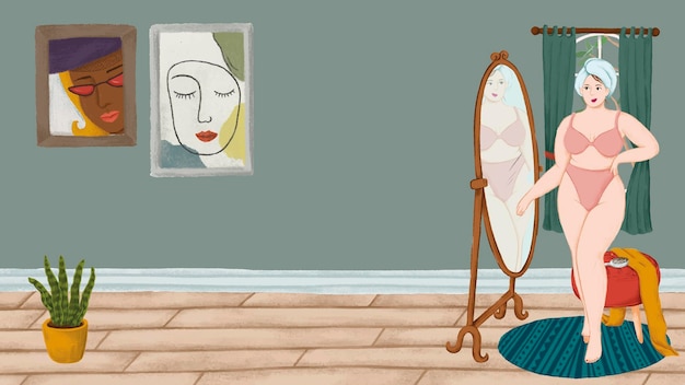 Vecteur fille en sous-vêtements debout devant un vecteur de papier peint de style croquis de miroir