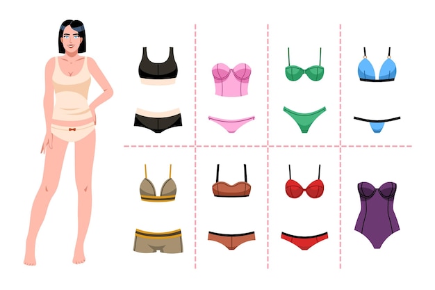 Fille et sous-vêtements de dessin animé style plat isolé belle femme en culottes et top mince figure à la mode poupée de papier maillot de bain et kit de bikini joli sous-véters et soutien-gorge rangé vectoriel