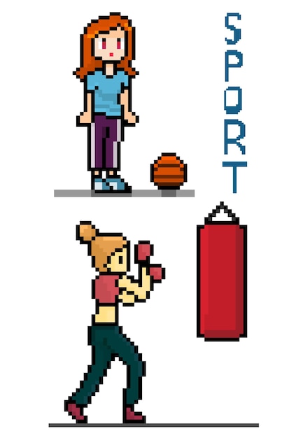 Fille Sportive De Pixel Avec Le Basket-ball De Cheveux Longs Rouges Et Le Caractère De Boîte