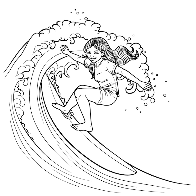 Fille surfeant sur la vague Style dessin animé Pages à colorier Vector