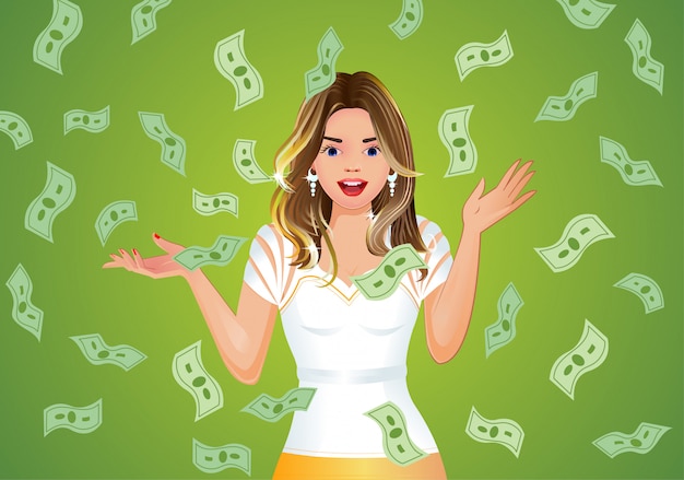 Fille surprise avec l&#39;argent qui tombe fond, jackpot.