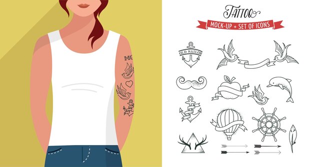 Vecteur fille avec t-shirt et ensemble de tatouages