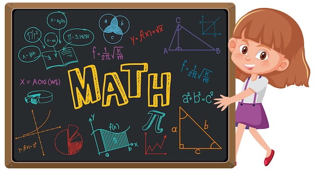 Fille Avec Tableau Noir Plein De Symbole Et D'icône Mathématiques