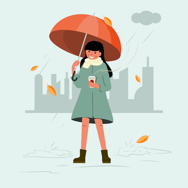 Une Fille Avec Une Tasse De Café Dans Les Mains Marche Sous Un Parapluie.