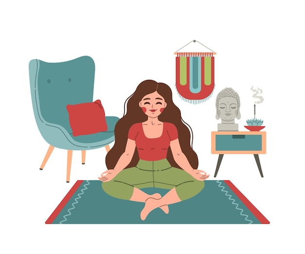 Fille de temps de yoga en illustration plate de vecteur de position de lotus