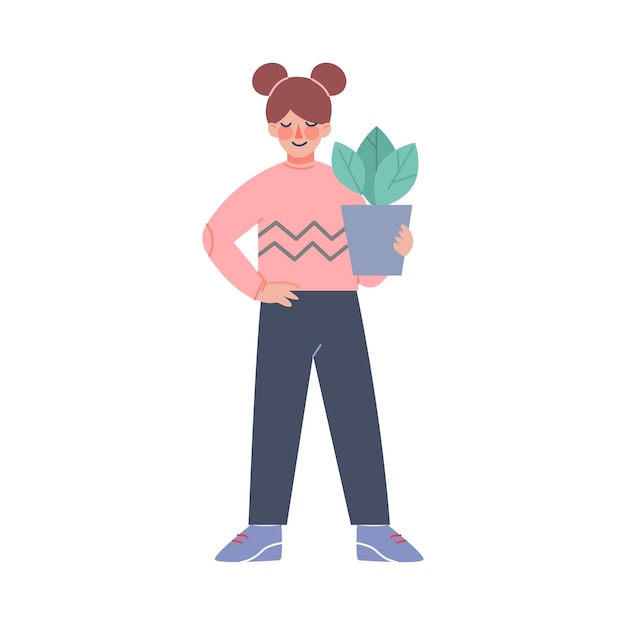 Fille tenant un pot de fleurs avec une plante verte Enfant s'occupant d'une plante d'intérieur ou déménageant dans une autre maison Illustration vectorielle