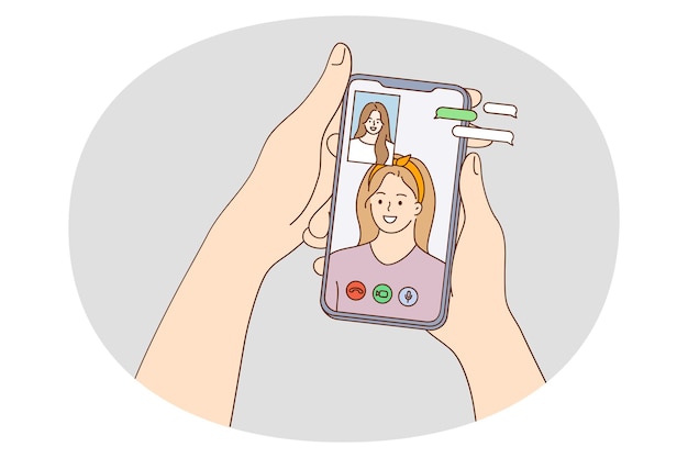 Fille Tenir Le Smartphone Dans Les Mains Parler Lors D'un Appel Vidéo Avec Un Ami Sur Un Gadget Une Femme Souriante A Un événement Virtuel Webcam Ou Une Conférence Sur Téléphone Portable Communication Technologique Illustration Vectorielle