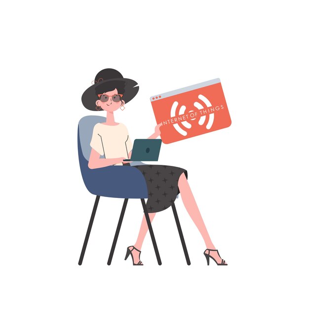 La fille tient l'icône IoT dans ses mains IOT et concept d'automatisation Illustration vectorielle de style plat tendance isolé