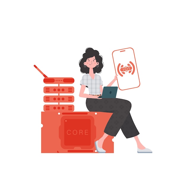 La fille tient un téléphone avec le logo IoT dans ses mains IOT et concept d'automatisation Illustration vectorielle dans un style plat