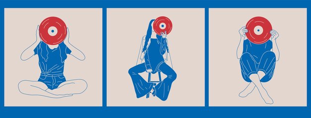 Fille Tient Un Vieux Disque Vinyle Dans Ses Mains .style De Mode Rétro Des Années 80.ensemble De Trois Bleu Et Rouge