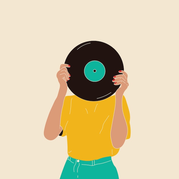 Fille tient un vieux disque vinyle dans ses mains. Style de mode rétro des années 80.