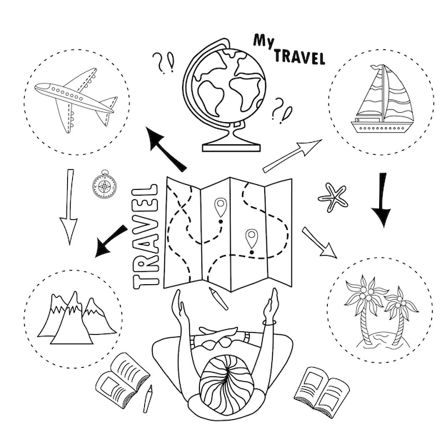 Fille Touristique Choisit Et Planifie Un Voyage Mer Ou Montagne Ensemble Doodle De Tourisme Et De Transport Affiche Infographique Les éléments Sont Isolés Illustration Vectorielle