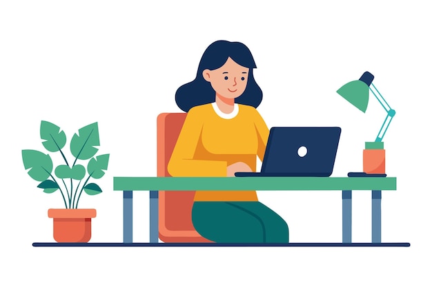 Une fille travaillant dans son bureau à domicile illustration vectorielle plate