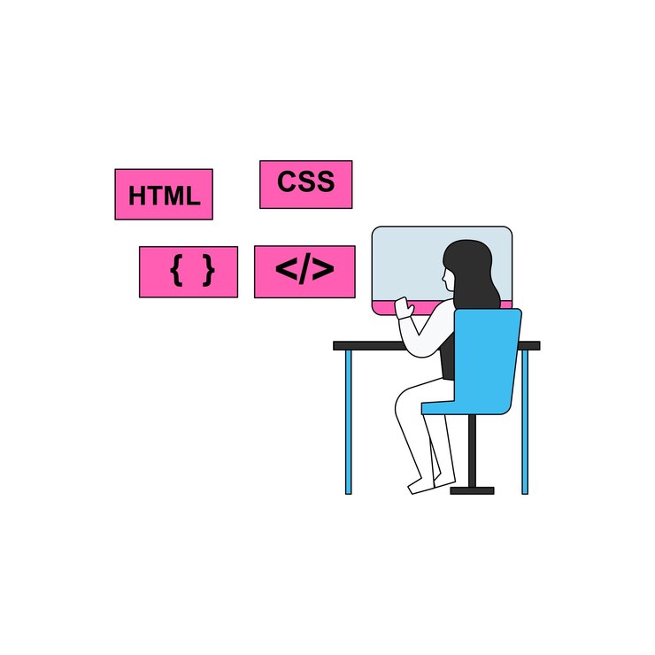 Vecteur la fille travaille sur le codage html css