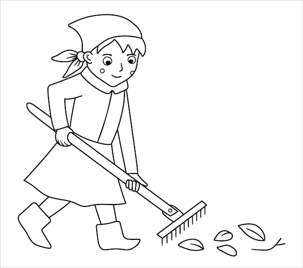 Fille De Vecteur Noir Et Blanc Ratisser Les Feuilles Avec Illustration De Râteaux Enfant De Contour Mignon Faisant Des Travaux De Jardinage Image D'activité De Jardinage De Ligne De Printemps Ou Page De Coloriage Xa