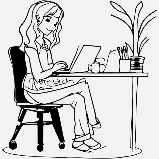 Vecteur une fille vectorielle est assise dans le bureau avec un ordinateur portable contour seulement