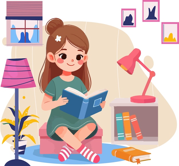 Une fille vectorielle qui lit un livre.