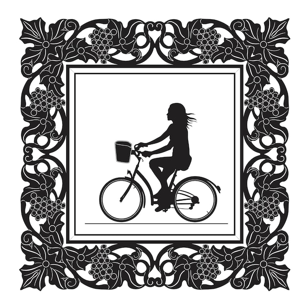 Vecteur fille avec vélo et silhouette à la main cadre baroque