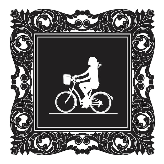 Fille Avec Vélo Et Vieux Logo De Silhouette à La Main De Cadre