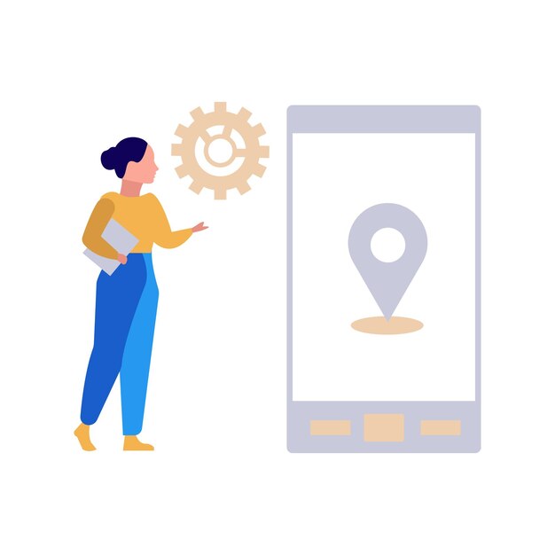 Vecteur la fille vérifie l'emplacement sur son portable.
