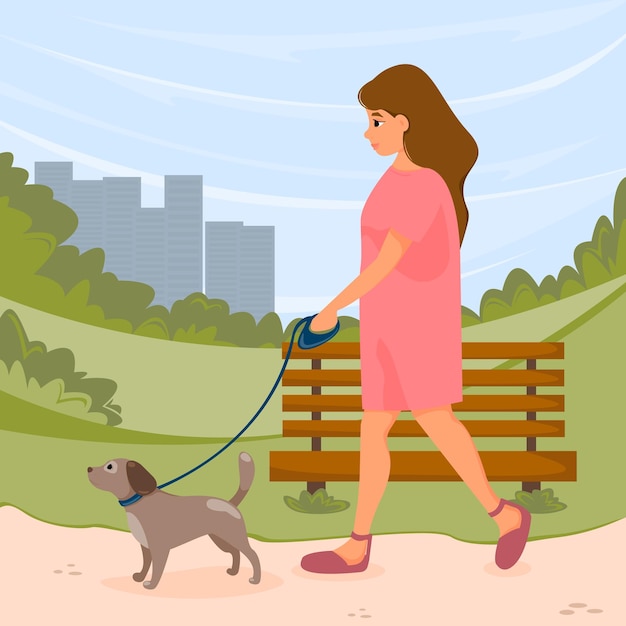 Vecteur fille en veste marchant avec un chien en laisse dans le parc d'été illustration vectorielle