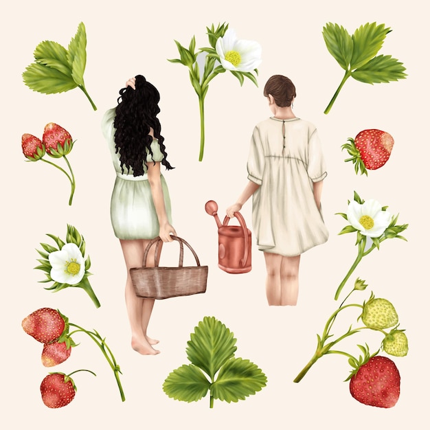 Filles boho d'été avec panier et entonnoir fraises fleurs feuilles