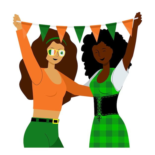 Des Filles Célèbrent La Fête De Saint Patrick Et Tiennent Des Drapeaux.