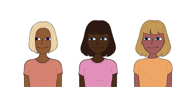 Filles avec des cheveux différents et des vêtements de couleur différente dessin animé ligne doodle