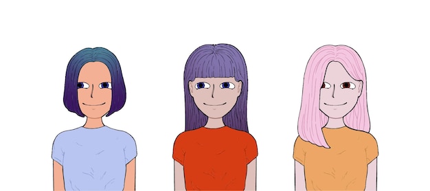 Filles Avec Des Cheveux Différents Et Des Vêtements De Couleur Différente Dessin Animé Ligne Doodle