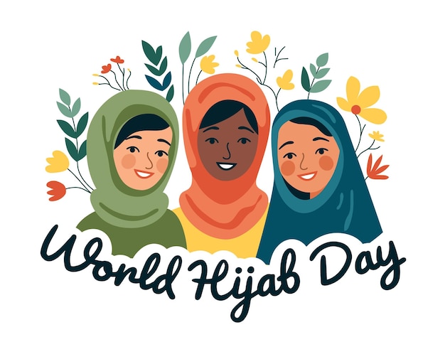 Vecteur des filles couvertes de hijab tenant des fleurs journée internationale du hijam trois femmes musulmanes sourient fla