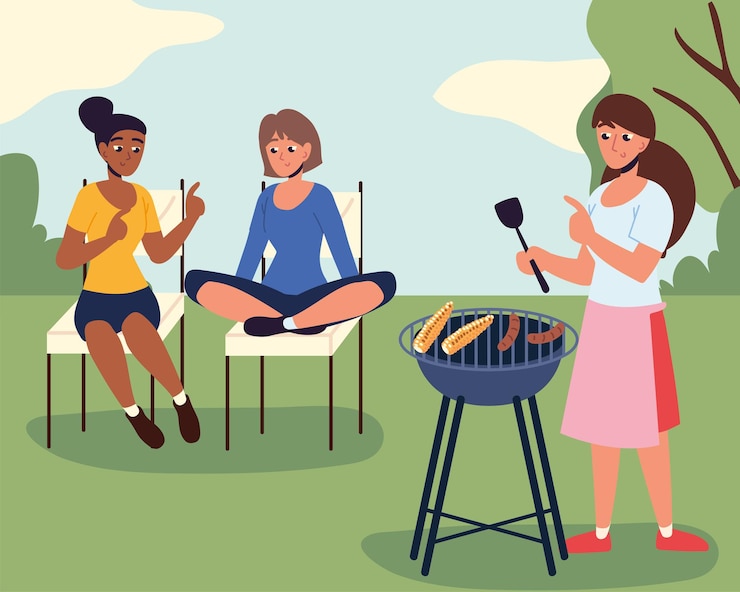 Vecteur filles cuisinant dans l'arrière-cour
