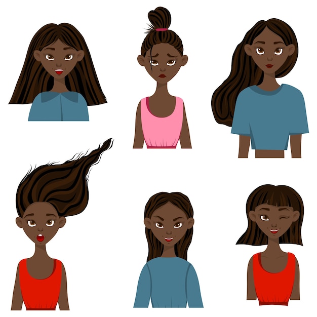Vecteur filles avec différentes expressions faciales et émotions. style de bande dessinée. illustration vectorielle.