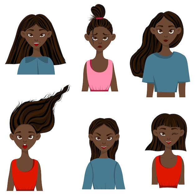 Filles Avec Différentes Expressions Faciales Et émotions. Style De Bande Dessinée. Illustration Vectorielle.