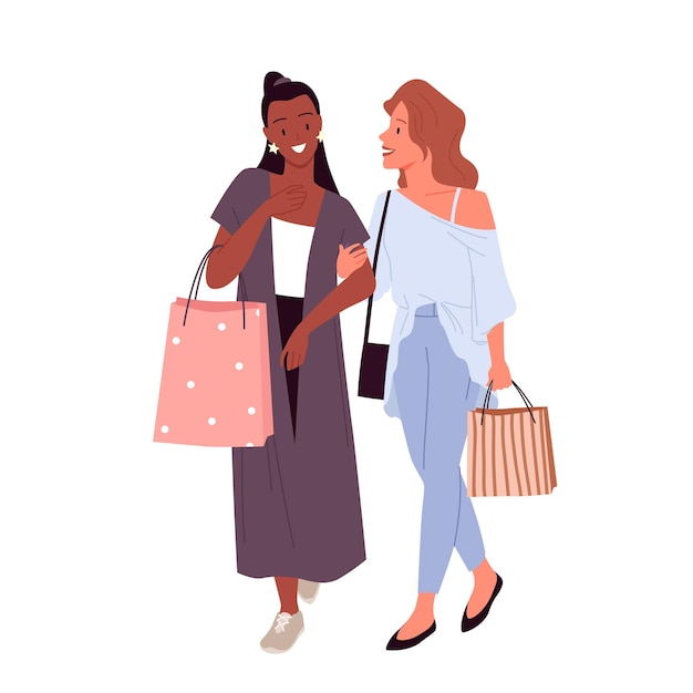 Filles élégantes Meilleures Amies Shopping Jeunes Personnages Heureux Marchant Avec Achat Dans Des Sacs