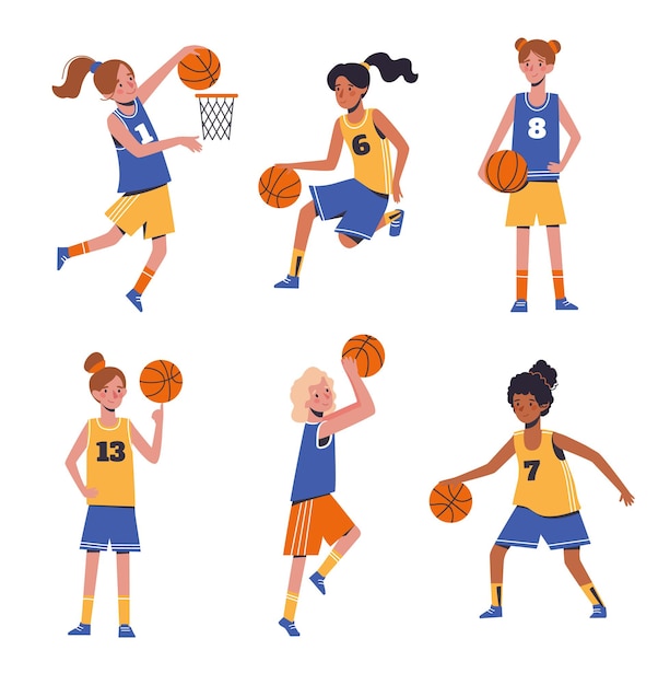 Vecteur filles d'enfants jouant au basket-ball