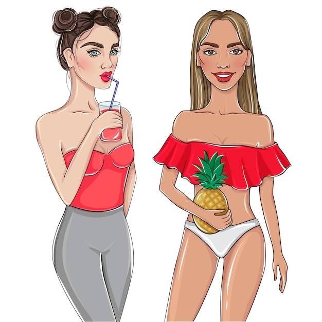 Vecteur filles d'été de vecteur. jeunes femmes à l'ananas et cocktail.