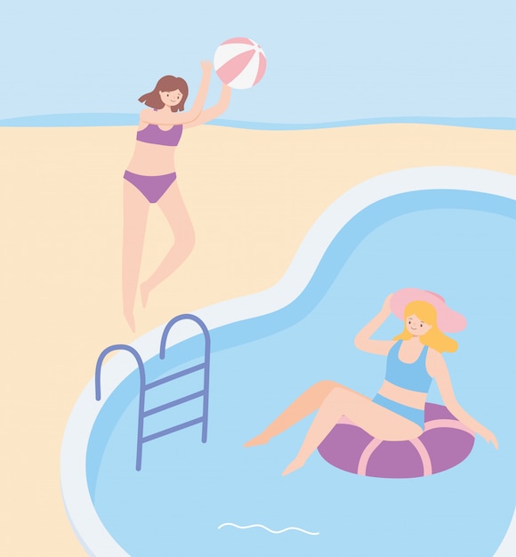 Filles De L'heure D'été Avec Ballon De Plage Et Flotteur Dans L'illustration De Tourisme De Vacances Piscine