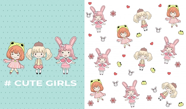 Vecteur filles mignonnes dessinés à la main avec set vector pattern