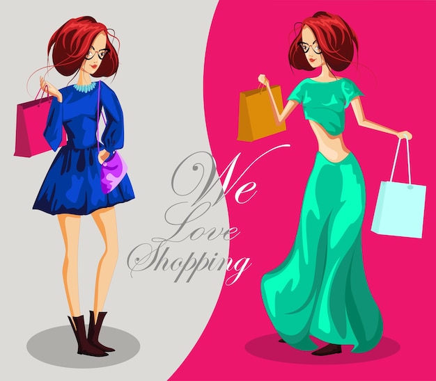 Filles de la mode avec des sacs à provisions Illustration vectorielle