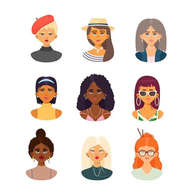 Vecteur filles de mode visages de diverses nationalités et styles illustration