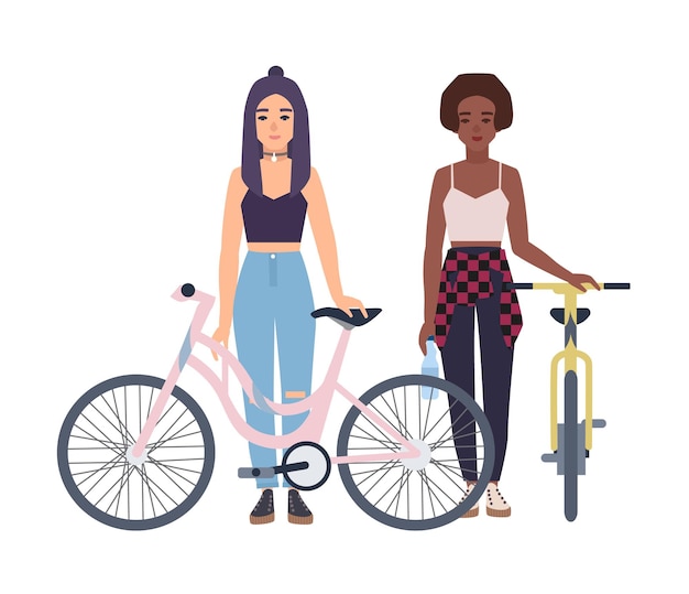 Filles Modernes Debout Avec Des Vélos. Illustration Vectorielle De Dessin Animé Plat Coloré.