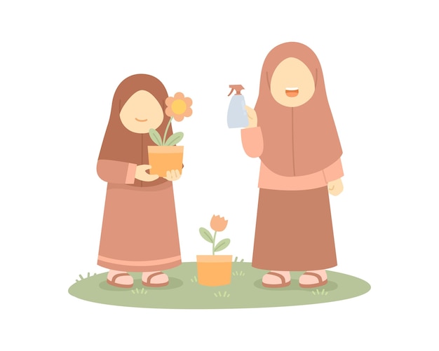 Vecteur les filles musulmanes plantent une fleur à l'illustration du jardin