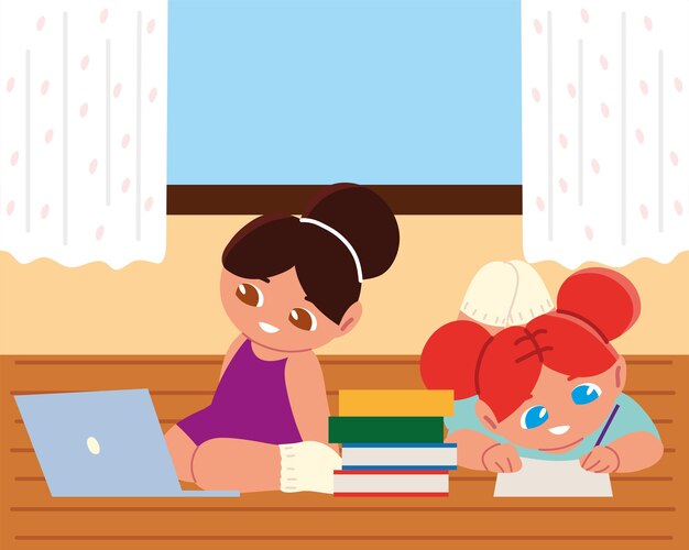 Vecteur filles avec ordinateur portable et livres