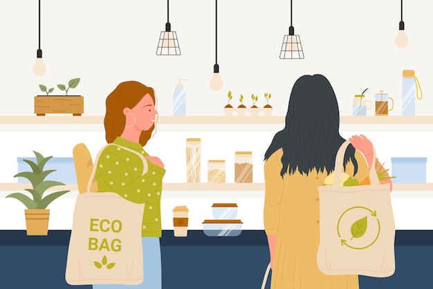 Vecteur filles avec des sacs écologiques faisant leurs courses sur des personnages soucieux de leur épicerie utilisant des sacs réutilisables
