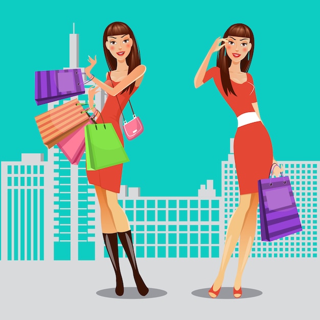 Vecteur filles avec des sacs à provisions. femme faisant du shopping. bannière de vente. illustration vectorielle