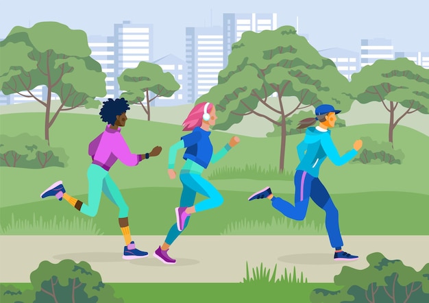 Les Filles Sportives Courent Dans La Ville. Illustration Vectorielle Mode De Vie Sain.