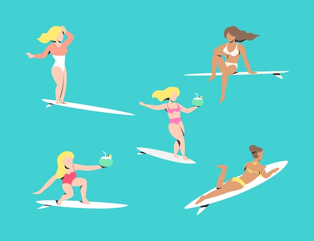 Filles De Surfer Avec Quelques Poses Différentes Sur Le Vecteur Premium De La Planche De Surf