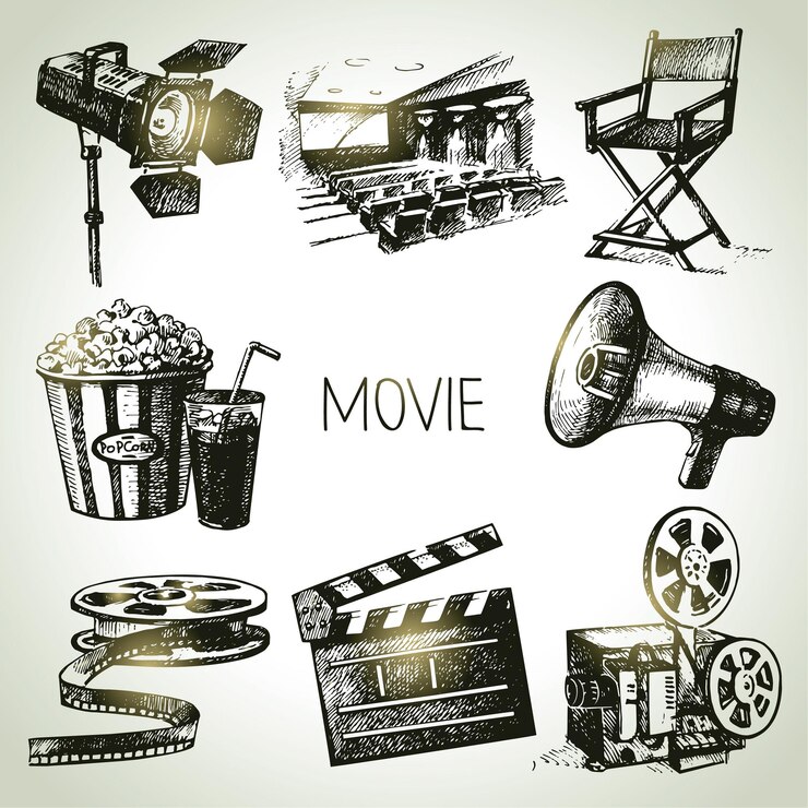 Vecteur film et décor de cinéma. illustrations vintage dessinées à la main