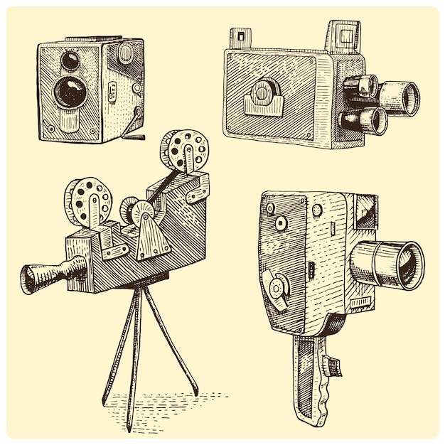 Vecteur film photo ou appareil photo argentique vintage gravé à la main dessiné dans un croquis ou un style de coupe de bois ancien à la recherche d'une lentille rétro isolé vecteur illustration réaliste